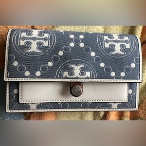 Tory Burch Blue and White Logo Denim Crossbody